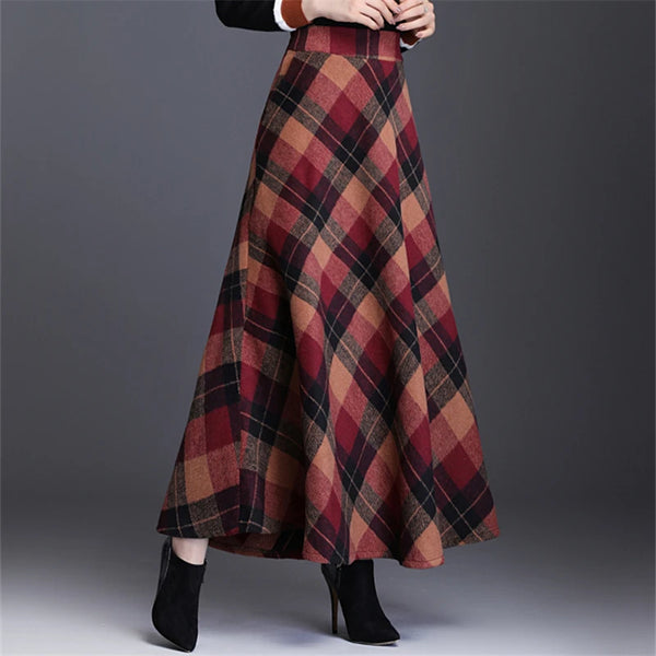 A-Line Wool Tartan Skirt with England Style Midi-Length