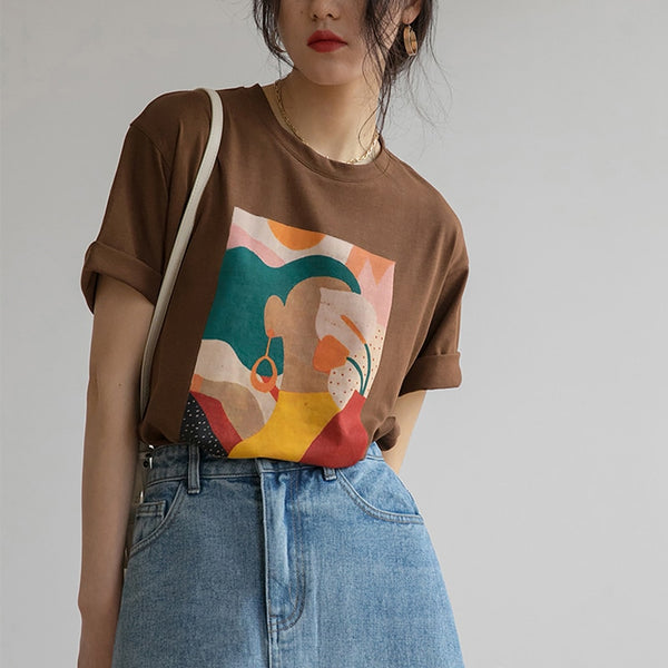 Aesthetic Character Print Casual Tees for Women