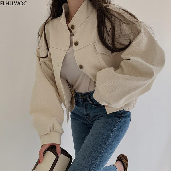 Aesthetic Winter Crop Jackets with Puff Sleeves and Single Breasted Closure