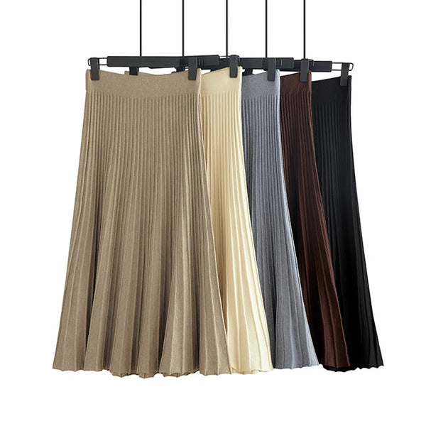 Pleated Vertical Striped Midi Skirts Chic High Waist