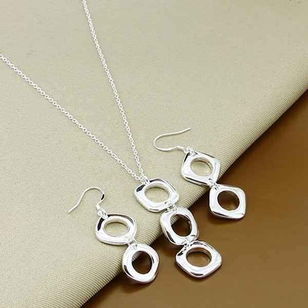 'DOTEFFIL' Sterling Silver Round Square Necklace & Earring Set For Charm Jewelry