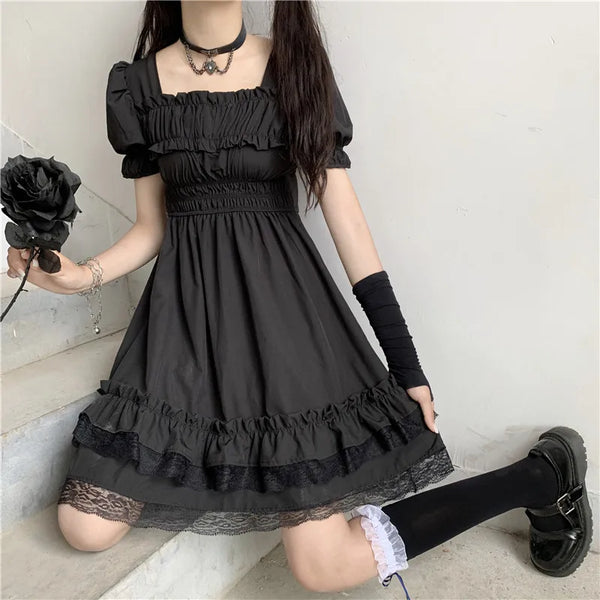 Japanese Harajuku Dark Style Square Collar Lace Puff Sleeve Black Dress
