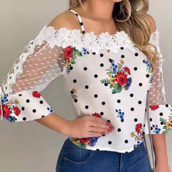 Casual Shirt Shoulder Mesh Dots Floral Print Blouse