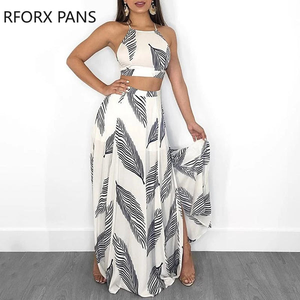 Two Pieces Leaf Print Backless Cami Top & Split Maxi Dress