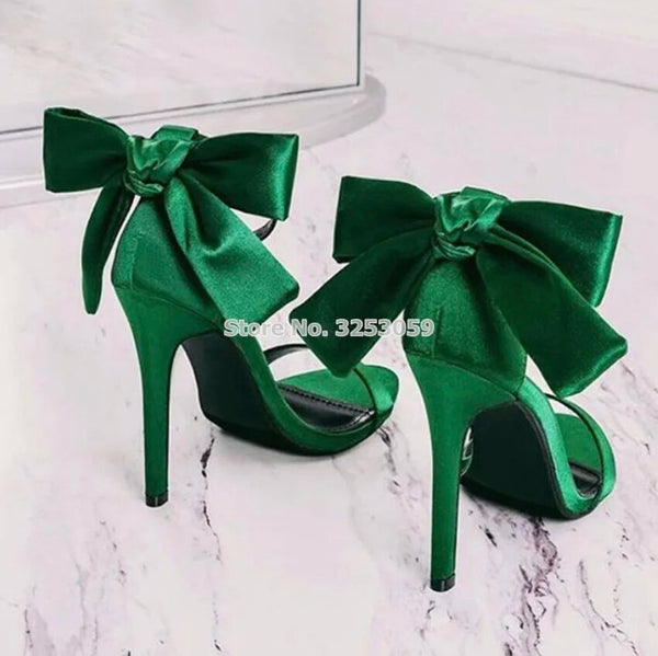 Butterfly Accent Silk High Heel Sandals with Bow Detail