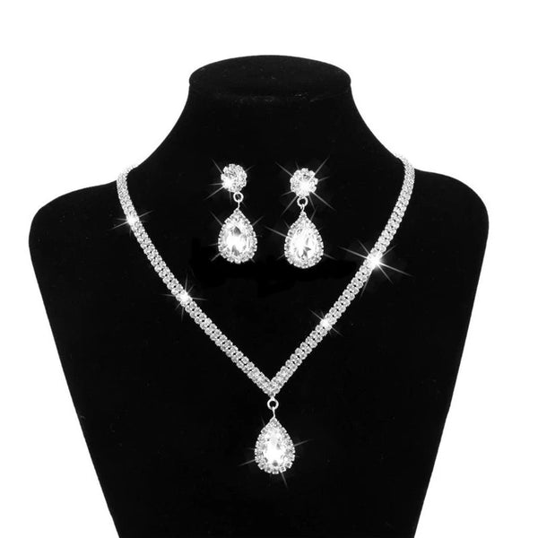 Water Drop Rhinestone Plated Necklace & Earrings Bridal Wedding Jewelry Set