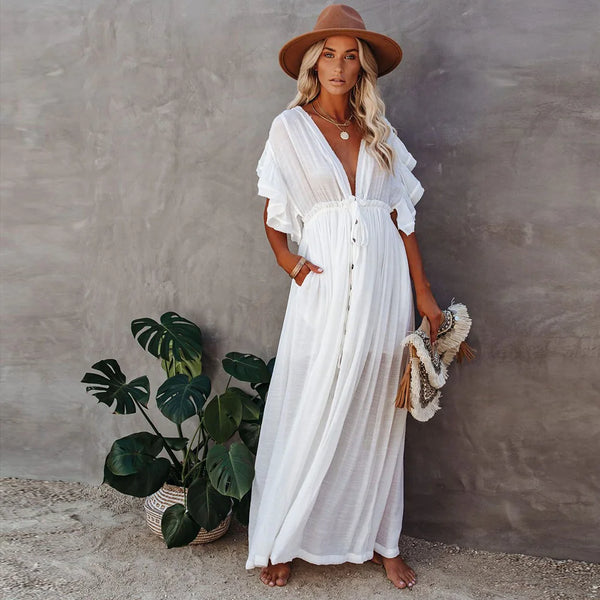 White Long Tunic Casual Summer Beach Dress Swim Suit Cover Up
