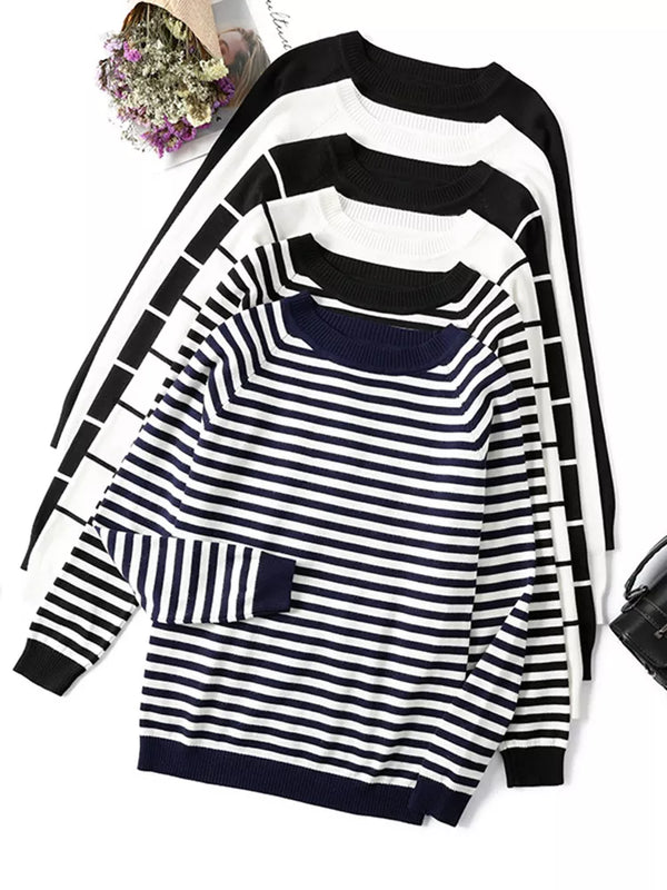 Striped Knit Pullover Sweater with Long Sleeves