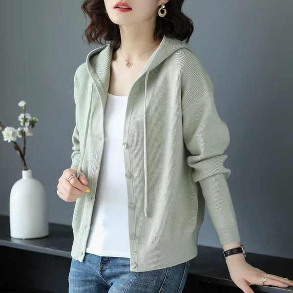 Casual Long Sleeve Button Up Hooded Knitted Sweaters