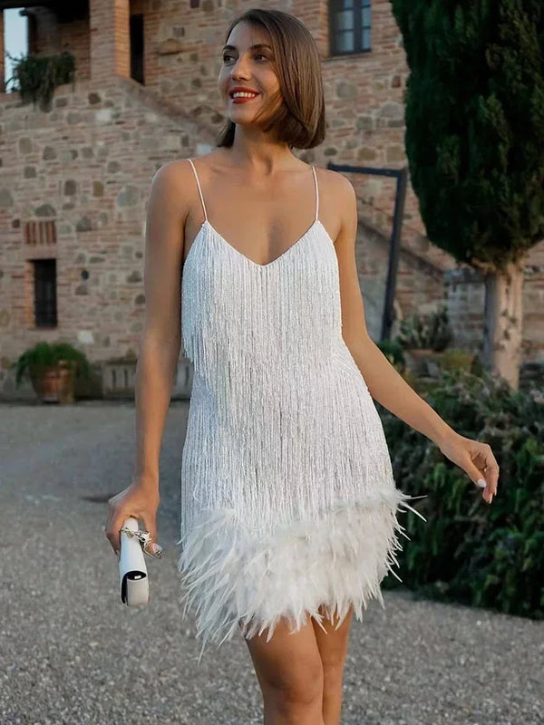 Tassel Sequins Elegant Feather Spaghetti Party Evening Dress