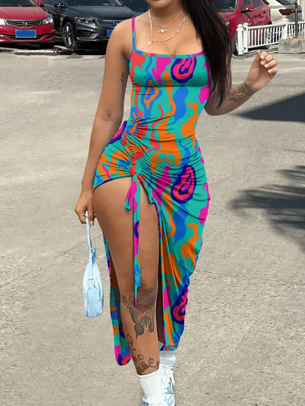 Colorful Lace-Up Dress with Thigh Slit and Backless Design