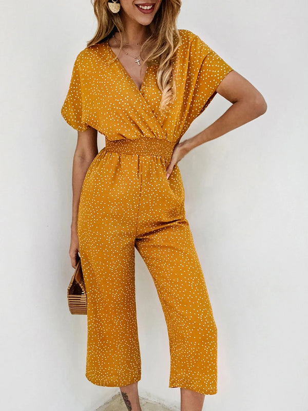 Casual Printed Overall Jumpsuit Short Sleeve Tops & Wide Leg Loose Pants