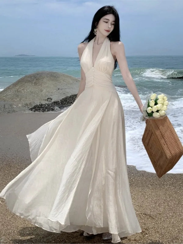 Halter Sleeveless Long White Maxi Dress Tight Waist V-neck Casual or Beach Dress
