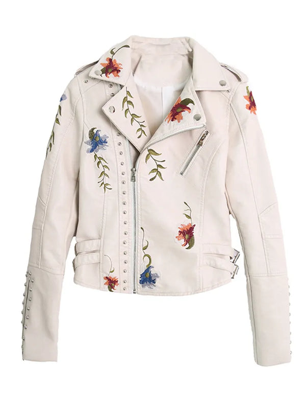 Floral Print Embroidery Faux Soft Leather Jacket Turn-down Collar