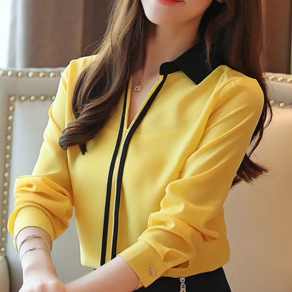 Office Chiffon Blouse with Long Sleeve and Turn Down Collar