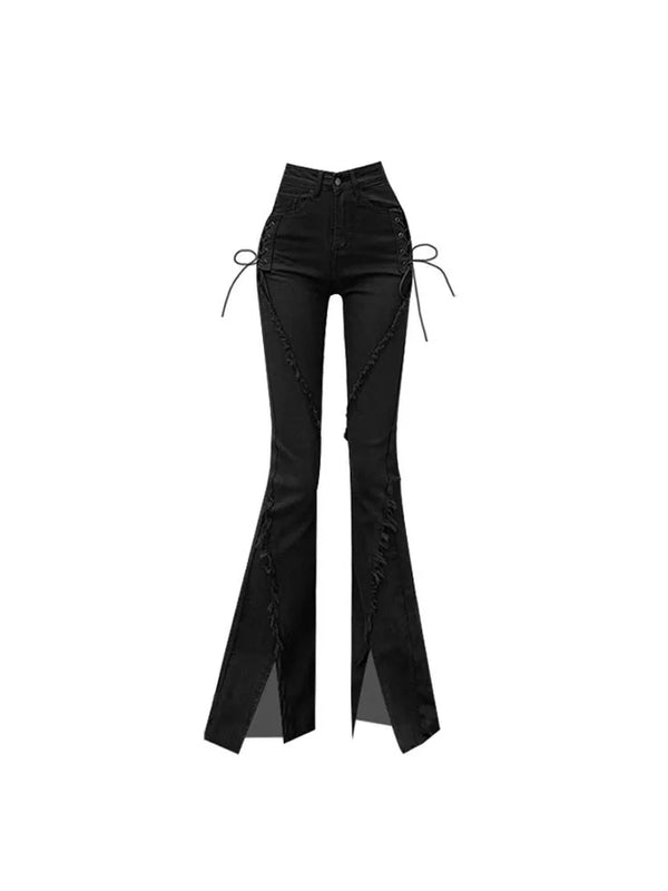 Distressed Low Waisted Black Casual Cargo Flare Pants