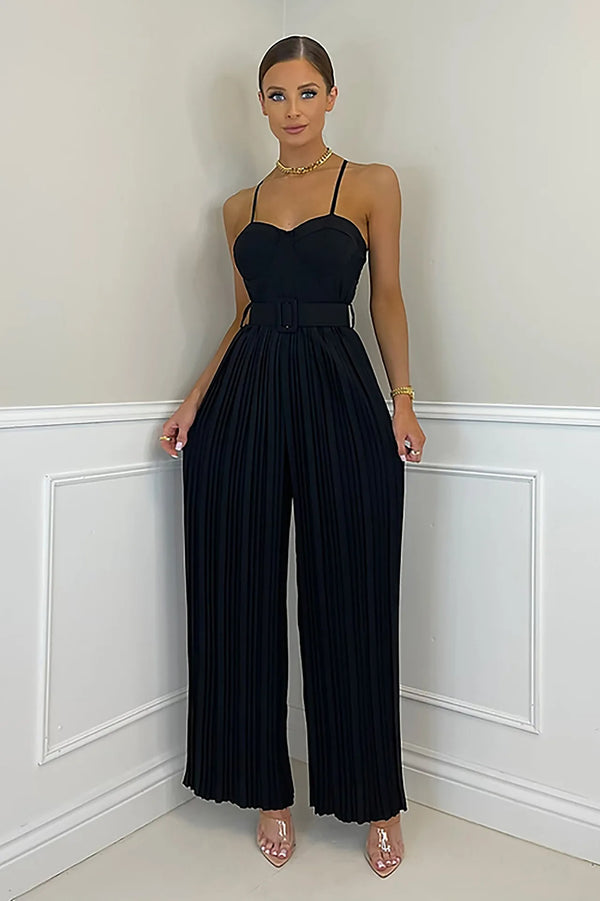 Casual Suspenders Long Jumpsuit Sleeveless Sashes & Pleated Wide Leg Pants