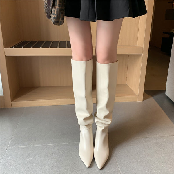 Genuine Leather High Knee Pointed Toe Boots
