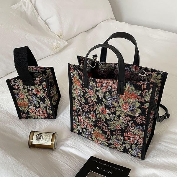 Vintage Floral Tote and Mini Square Canvass Handbag Korean Style