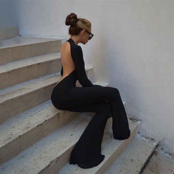 Seductive Black Bodycon Jumpsuit with Open Back & Flared Pants