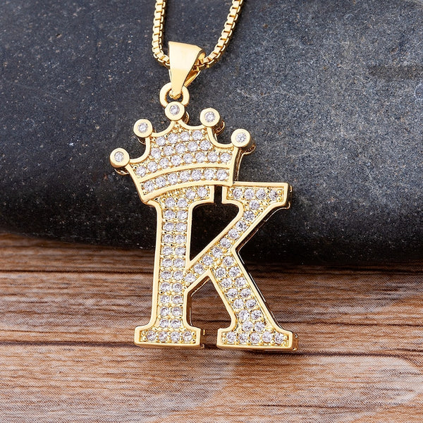 Hip-Hop Style A-Z Initial Crown Pendant Necklace Choker Chain