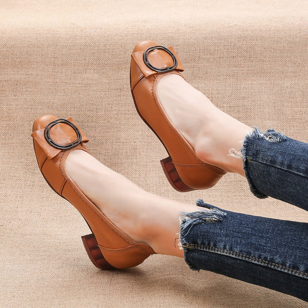 Genuine Leather Low Heel Shallow Round Buckle Slip-On Square Shoes