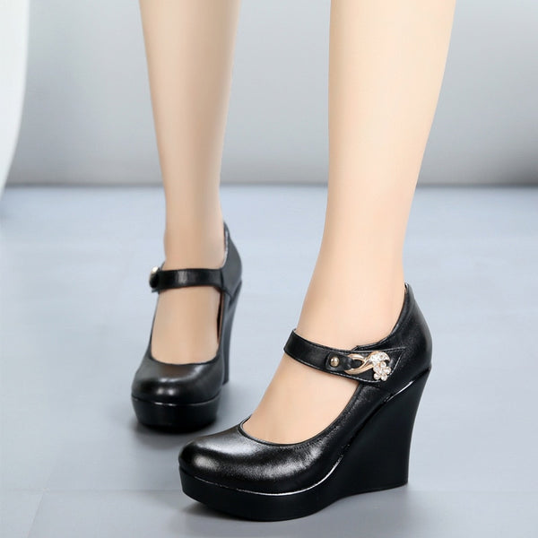 Chic Black Cow Leather High Heel Wedges for Women