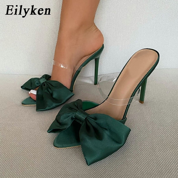 Silk Butterfly-Knot Pointed Toe Mule High Heels Sandals
