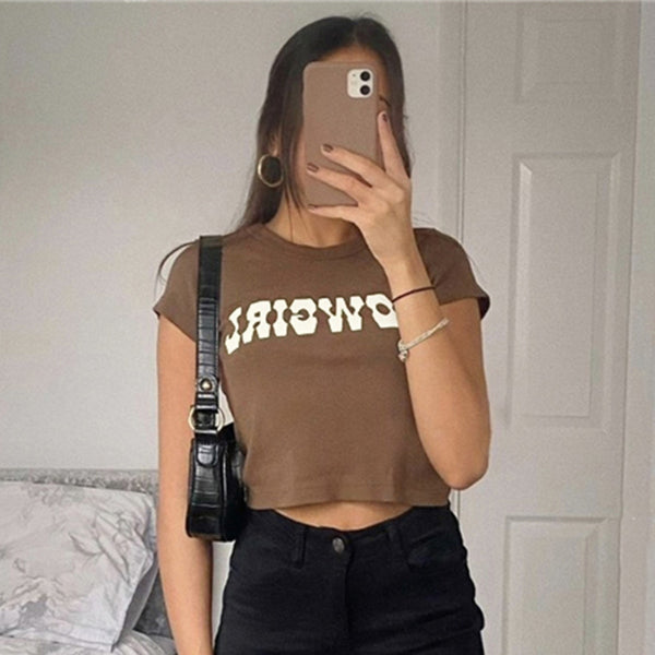 Vintage Printed Cotton Crop Top with Letter Design