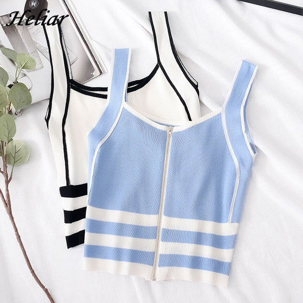 Striped Zip-Up Knit Camisole Top
