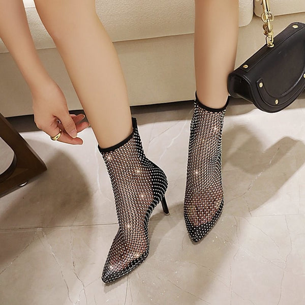 Sparkly Mesh Pointed High-Cut Ankle Toe Boots