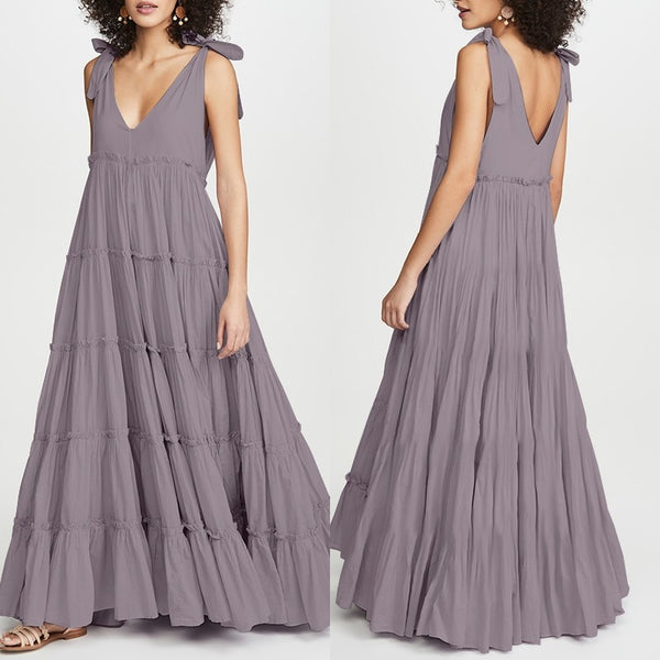 V Neck Lace-Up Maxi Dress with Ruffled Detail