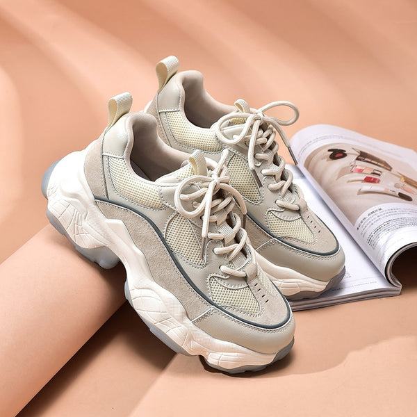 Breathable Lace-Up Synthetic Leather Chunky Sole Sneakers