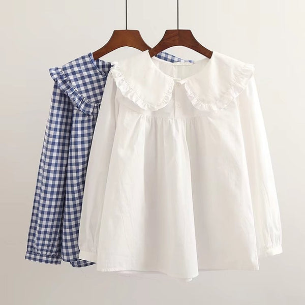 Spring Plaid Peter Pan Collar Cotton Blouse with Ruffles