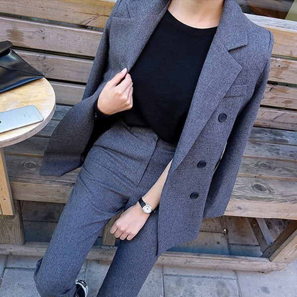 Formal Gray Office Lady Suit with Double Breasted Blazer and Long Pants