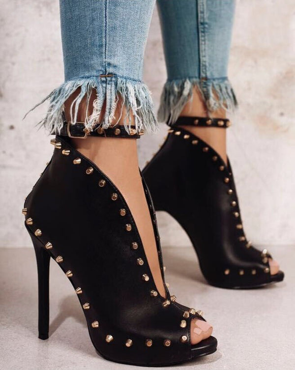 Sexy Peep Toe High Heel Ankle Boots with Rivet Buckle