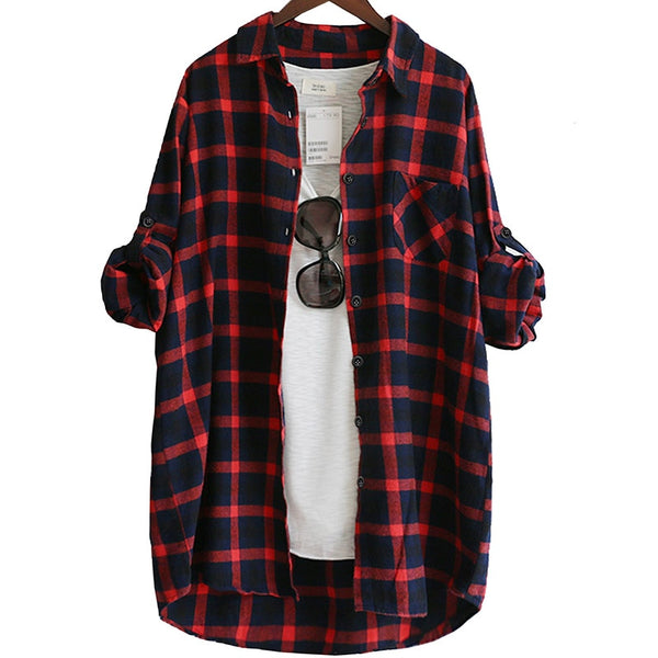 Loose Plaid Long Sleeve Blouse in Large Size