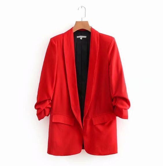 Chic Candy Color Ruched Cuff Suit with Lining - Stylish Mid Long Blazer for Women