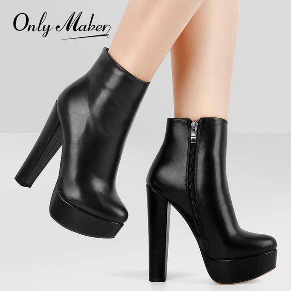 Block Chunky Round High Heel Platform Ankle Boots
