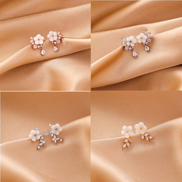 Crystal-Encrusted Floral Water Droplet Stud Earrings