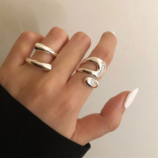 Creative Geometric Silver Ring Set with Hollow Irregular Style