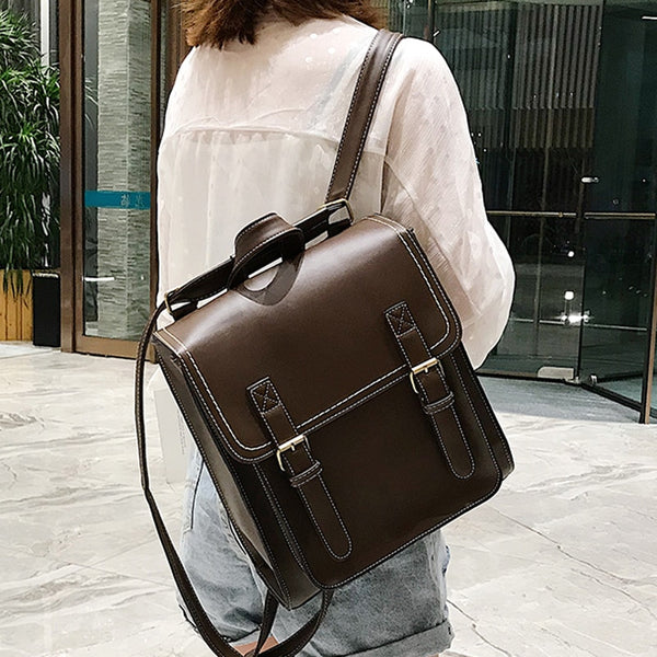 Vintage Leather School Backpack with Two-Way Design