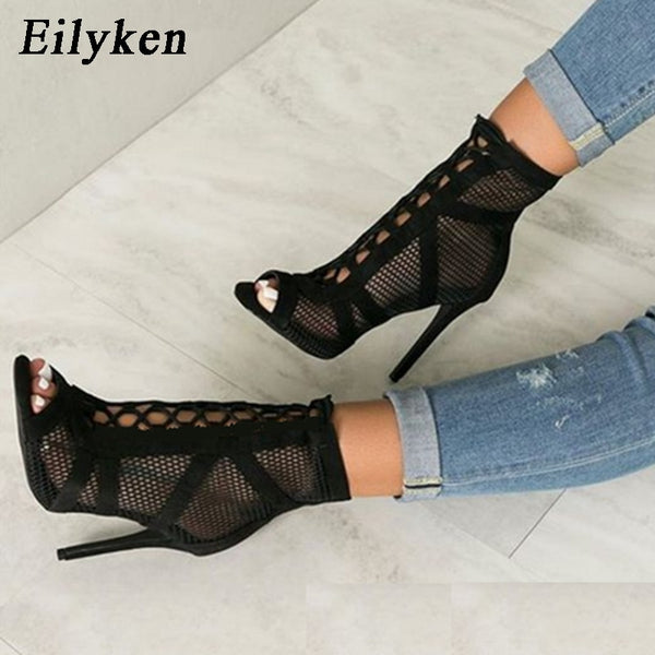High Heel Black Sandals with Ankle Strap for Fashionable Women