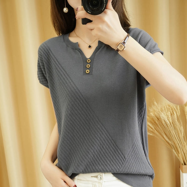 Knitted V-Neck Casual Tee with Short Sleeves