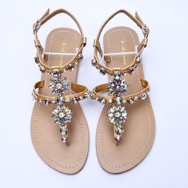Bohemian Diamond T-Strap Thong Sandals with Rhinestones for Women