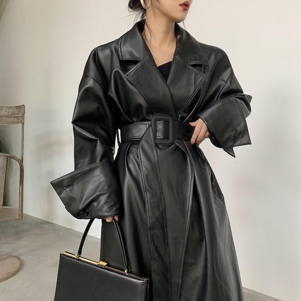 Long Sleeve Oversized Leather Trench Coat Lapel Loose Fit Fall Style