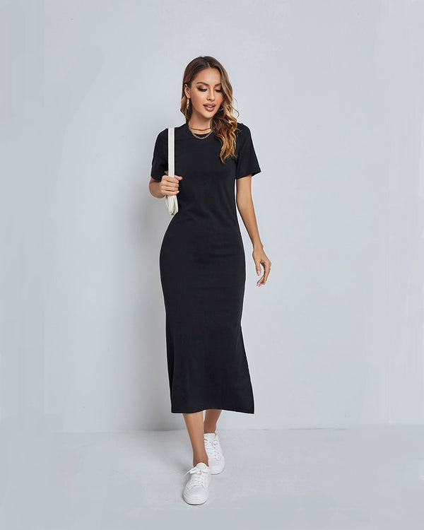 Elegant Black Maxi Dress with High Slit - Cotton Bodycon Summer Dress
