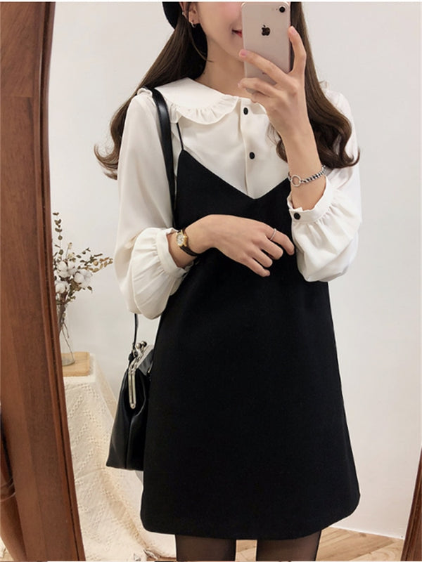 Korean Style Sleeveless Black Dress & Long Sleeve Tops