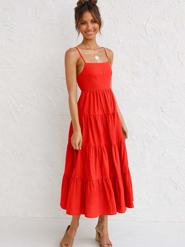 Long Lace-up Backless Dress with Spaghetti Straps