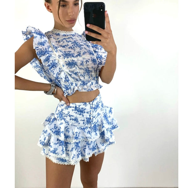 Floral Lace Ruffled Crop Top and Mini Skirt Set